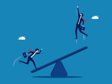 Hedeflere ulaşmak için destek. İşadamı tahterevalliye atlayıp meslektaşının daha yüksek bir vektöre atlamasına yardım etti