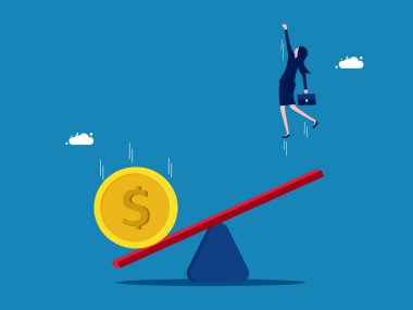 Ekonomik teşvik parası. Para tahterevallinin üzerine düşer, iş adamlarını yükseltmek için. vektör