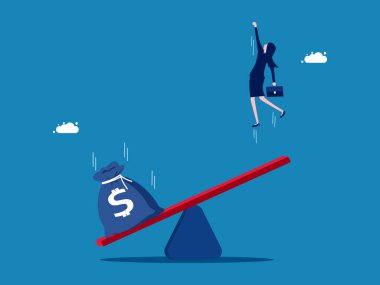 Para krizi atlatmaya yardımcı olur. Para çantası bir iş kadınına yardım etmek için tahterevallinin üzerine düşer. vektör