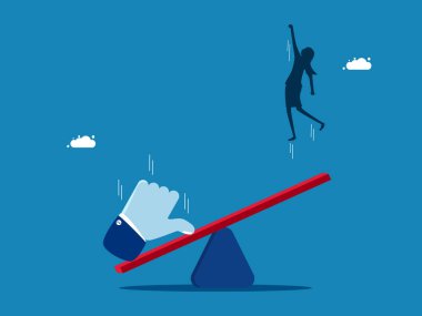 Geribildirim büyüme yaratır. İş kadınının yükseğe zıplamasına yardım etmek için tahterevallinin üzerine baş parmak işareti. Vektör