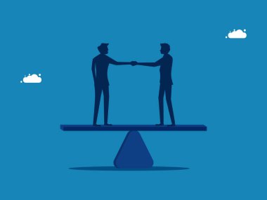 Profesyonel konuşma. İş adamı el sıkışıyor ve tahterevalli vektörü üzerinde pazarlık yapıyor.