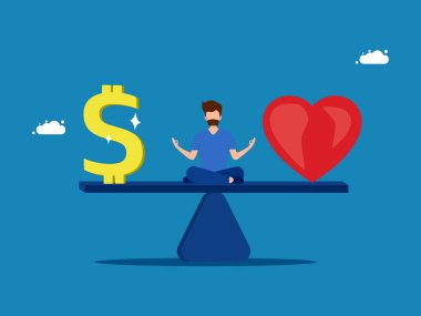 Keyfine bak ya da ailenle. Adam tahterevalli üzerinde meditasyon yapıyor, parayı ve kalp vektörünü dengeliyor