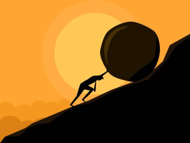 Çaba. İş adamı bir kayayı bir dağ vektörünün tepesine itmeye çalışıyor.