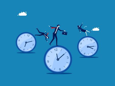 Zaman yönetimi. İş adamı bir saat vektörü üzerinde bir denge ile duruyor