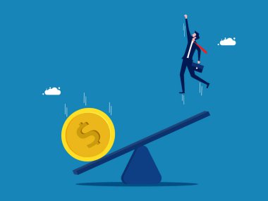 İş kredileri. Para tahterevallinin üzerine düşer, iş adamlarını yükseltmek için. vektör