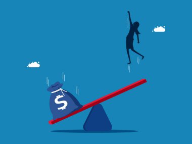 Ekonomiyi canlandırmak için bütçe. Para çuvalı bir tahterevallinin üzerine düşer. İş sahibine yardım etmek için. vektör