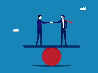 Dengeli bir anlaşma pazarlığı. İş adamı el sıkışıyor ve tahterevalli vektörü üzerinde pazarlık yapıyor.