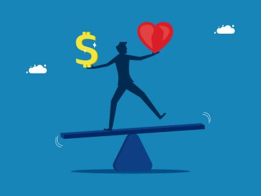 İşadamı tahterevalli üzerinde meditasyon yapıyor, parayı ve kalp vektörünü dengeliyor