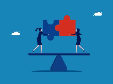 Faydaların dengesi. İki iş kadını tahterevalli vektöründe bulmacayı birbirine bağlar