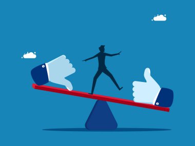 Performans değerlendirmesi. İşadamı tahterevallide baş parmak yukarı ve baş parmak aşağı dengede. vektör