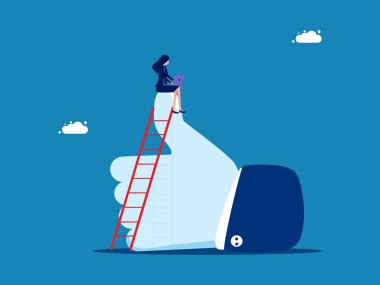 İyi iş çıkardın. Kazanan iş kadını başparmağında. Vektör