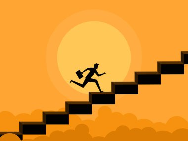 Aşama aşama gelişim. Büyüme merdiveni vektöründe çalışan işadamı