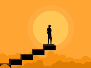 Profesyonel büyüme. Büyüyen bir şirket vektörünün merdivenlerinde duran bir iş adamı.