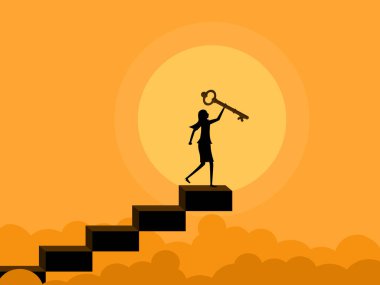 İş kadını merdivenlerde duruyor ve başarının anahtarını alıyor. vektör