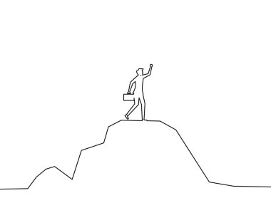 Ellerini bir dağın tepesine kaldırmış bir insan çizgisi çiz. Başarı konsept vektörü