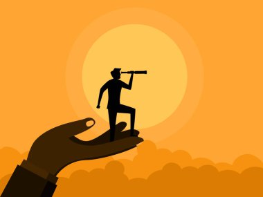 Büyük fırsata bak. İş adamı teleskopla büyük el vektörünü inceliyor