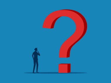 Çözümleri düşünüyorum. İş adamı büyük soru işareti vektörüyle cevap düşünüyor