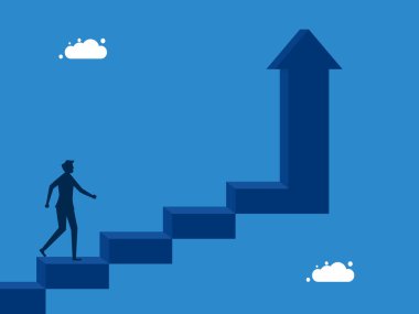 Artan gelir. İş adamı, yukarı bakan bir okla başarı merdivenini tırmanır. vektör