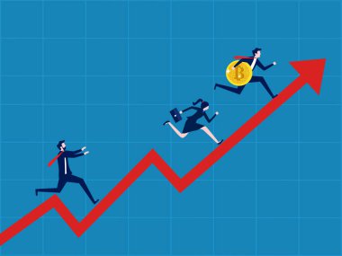 FOMO, kripto. İşadamı kripto ticaretiyle zengin olan insanları kovalıyor. vektör