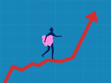 Finansal strateji. Elinde bir kumbara tutan bir işadamı yükselen bir grafik vektörü üzerinde yürüyor