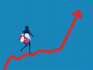 Kârlı bir gayrimenkul satın alın. İş adamı büyüyen grafikte yürüyor. Vektör