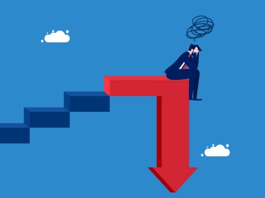 Endişeli kriz. İşadamı merdivenlerden aşağı ok atarken strese girdi. vektör