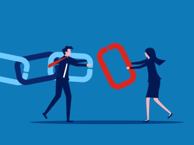 Birleşme. İş adamları zinciri birleştirmek için bir araya gelir. vektör