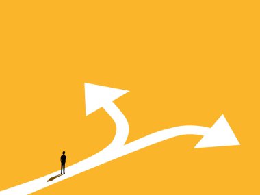 Karar. İş adamı, ok vektörü gibi ikiye ayrılan bir yolda.