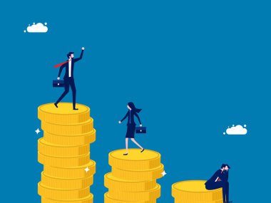 Para birikintisinin seviyesi. Büyüyen para yığınının üstüne bir de iş adamı. vektör illüstrasyonu