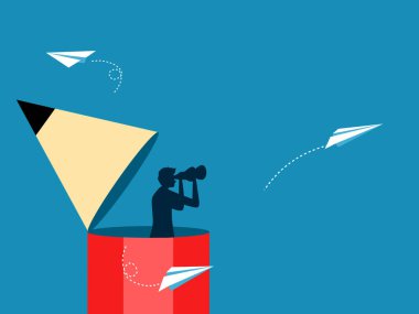 Fikir arıyorum. Kalem vektörünün başında vizyonu olan bir adam.