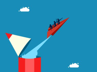 Yaratıcı takım lideri. Bir grup işadamı kalem vektöründen kağıt bir uçakla uçuyor.