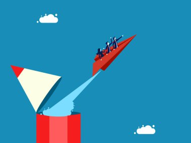 Yaratıcı geliştirme ekibi. Bir grup işadamı kalem vektöründen kağıt bir uçakla uçuyor.