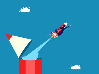 Hayal gücü ve gelişim. İş kadını kalem roket vektörüyle uçuyor