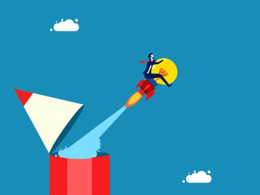 Develop knowledge. Businessman drives a rocket light bulb flying out of a pencil vector