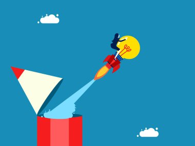 Imagination and knowledge. Businesswoman drives a rocket light bulb flying out of a pencil vector