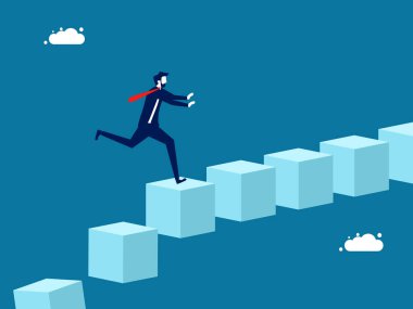 Out of crisis. Businessman running on a square block that is about to collapse. vector