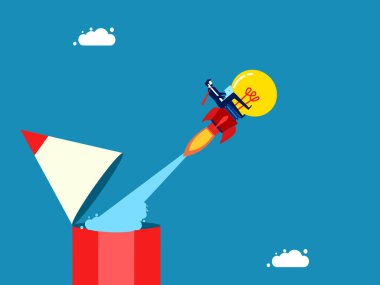Develop knowledge and imagination. Businessman drives a rocket light bulb out of pencil vector