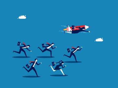 Academic advantage. Businesswoman flies with a rocket pencil over the crowd. Vector