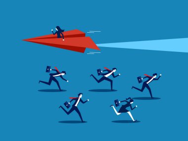 unique way. Businesswoman flying in a paper plane in a different direction from other competitors. vector