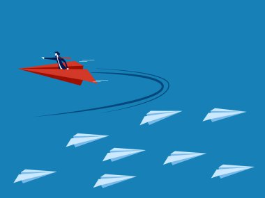 Different directions. Businessman flying a paper plane changes direction. vector