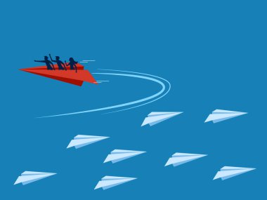 Leadership that dares to make decisions. team of businessmen flying a paper plane changes direction. vector