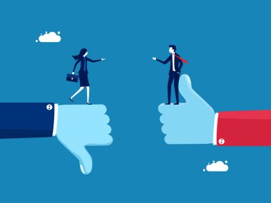 Meslektaşlar arasında tartışma. İki işadamı başparmakları yukarı aşağı hareket ettirdiğinde farklı düşünür. vektör