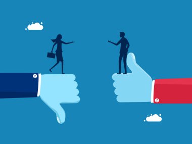 Çatışma. İki işadamı başparmakları yukarı aşağı hareket ettirdiğinde farklı düşünür. vektör