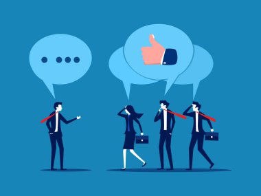 Liderlik kavramları. İş adamı meslektaşlarını inanmaya ikna eder. vektör illüstrasyonu