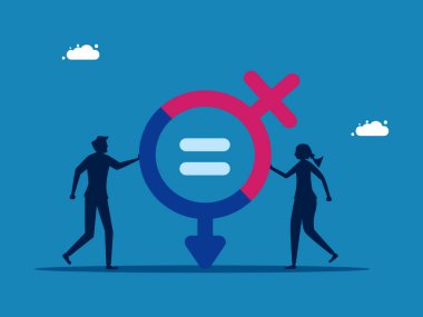 Erkekler ve kadınlar eşittirler. Cinsiyet eşitliği sembolü taşıyan iş adamı ve kadın. vektör illüstrasyonu