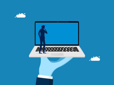 Destek işi. İş adamı elinde dizüstü bilgisayar vektör çizimi tutuyor