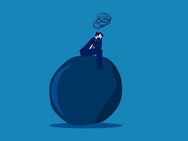 Çok derinden sarsılmış. İş adamı bir kayanın üzerinde stresli bir şekilde oturur. vektör