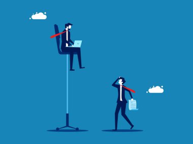 İşsizlik eşitsizliği. İş adamı, iş arkadaşının üstündeki yüksek bir ofis koltuğunda oturuyor. vektör