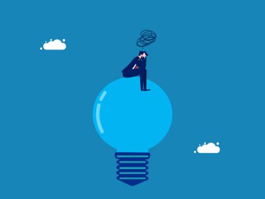 Üzüntü ve ışık eksikliği. İşadamı yanmış bir ampul vektörüne vurgu yapıyor