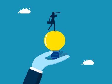 Yeni bir gelecek öngörüyorum. Dürbün vektörüyle ampulün üzerinde duran adam